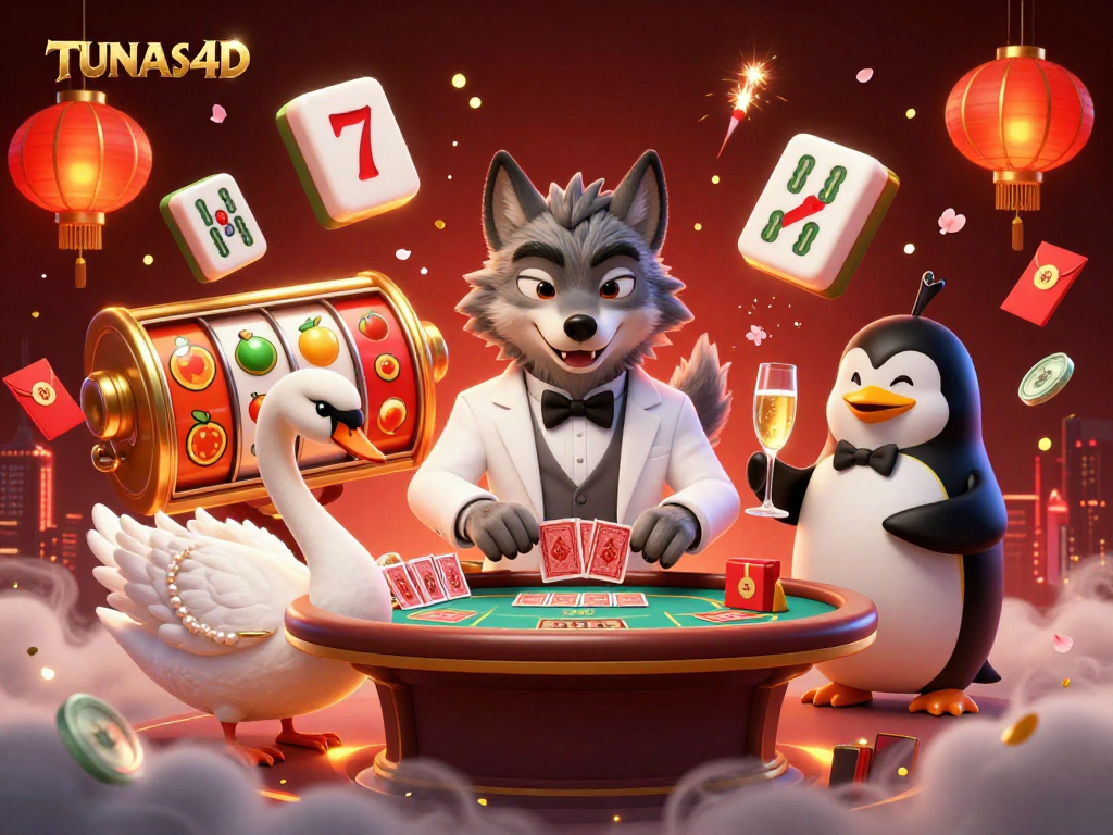 TUNAS4D delights players with an extravagant scene of animated characters celebrating big wins at a vibrant casino.