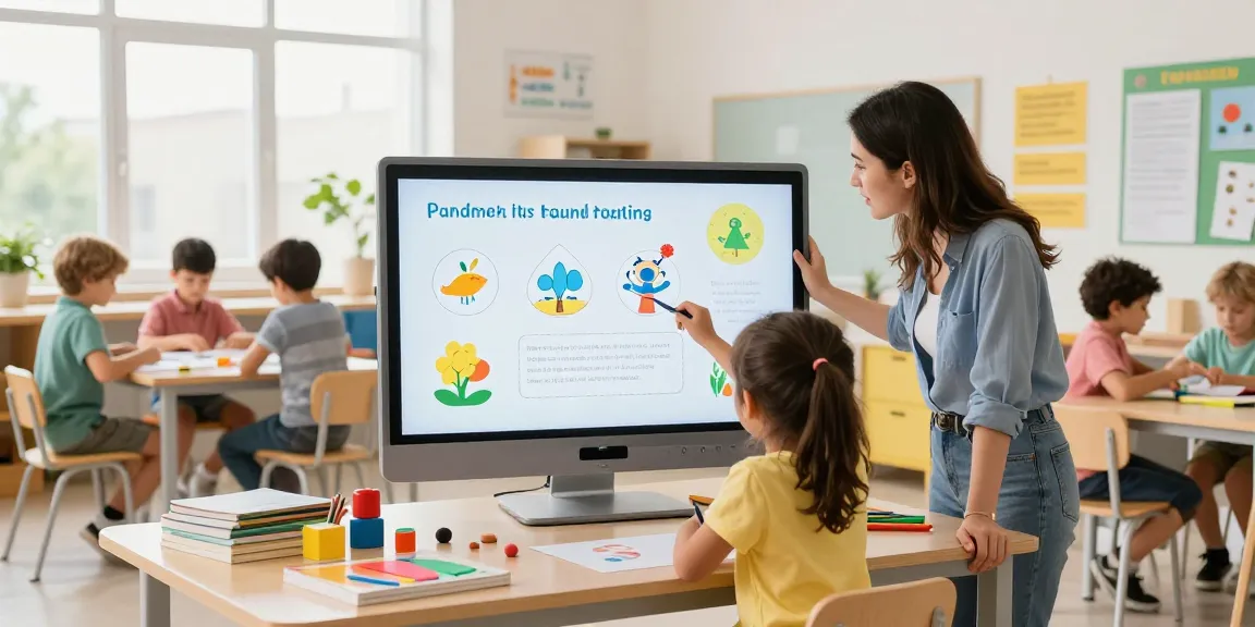 Interactive classroom scene illustrating the link slot for children's foundational skills development