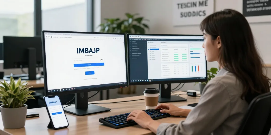 Ilustrasi profesional IMBAJP LOGIN di ruang kerja modern dengan perangkat dan analitik digital.