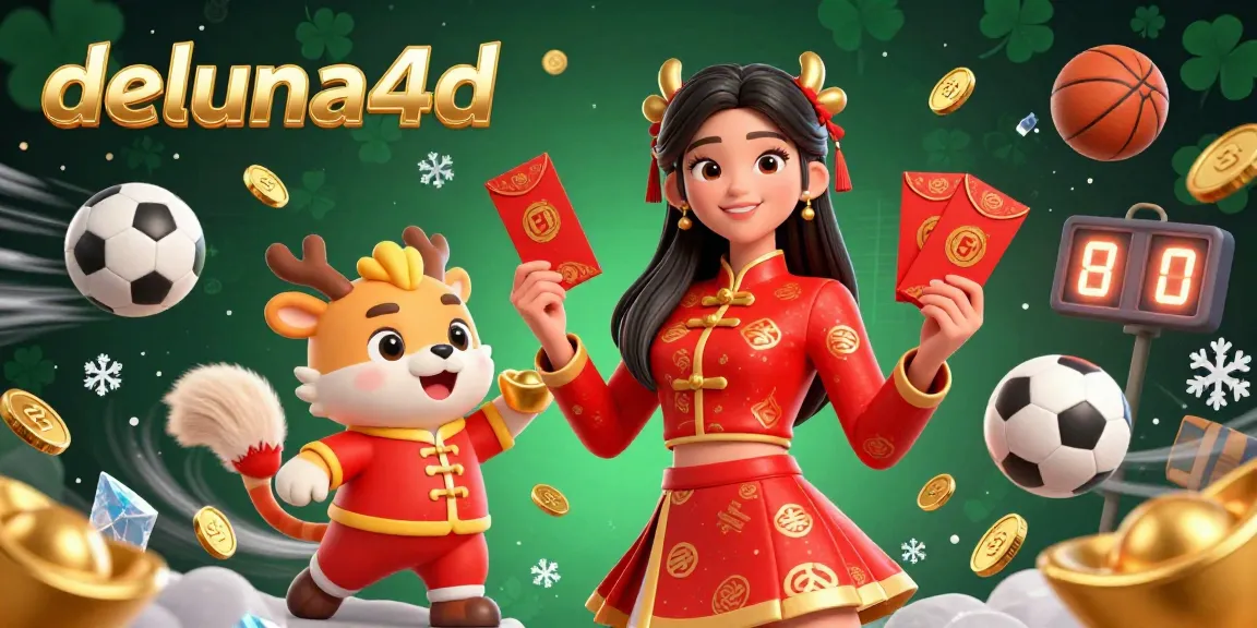 Experience the thrill of winning with deluna4d as a beautiful Asian woman celebrates Lunar New Year in a festive atmosphere, holding gold ingots.