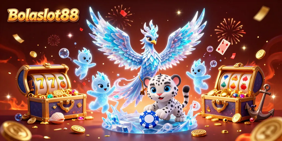 Bolaslot88 showcases an enchanting scene with an ice phoenix and treasures in a luxurious casino setting.