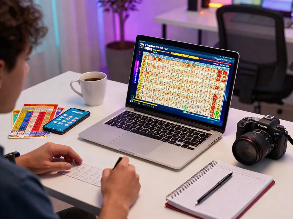 Seorang pemain Bandar Toto Macau menonton hasil undian langsung di laptop dengan suasana modern dan permainan dikelilingi peralatan digital.