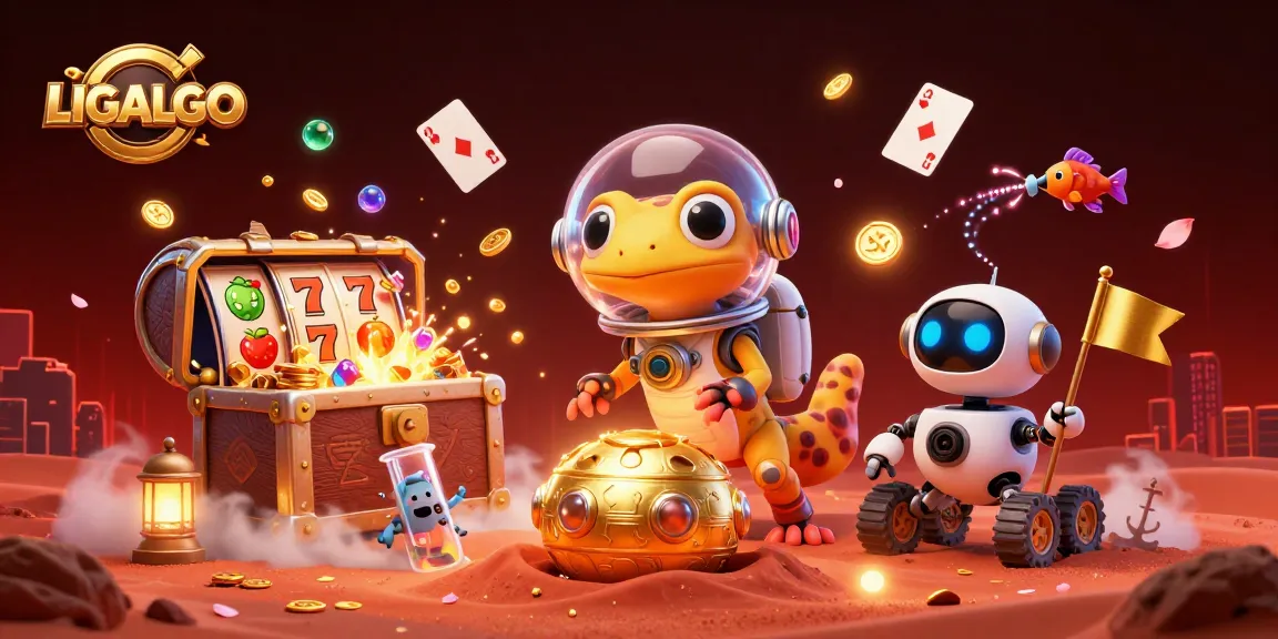 LIGALGO captures a Martian gecko discovering a golden casino amidst vibrant gambling elements.