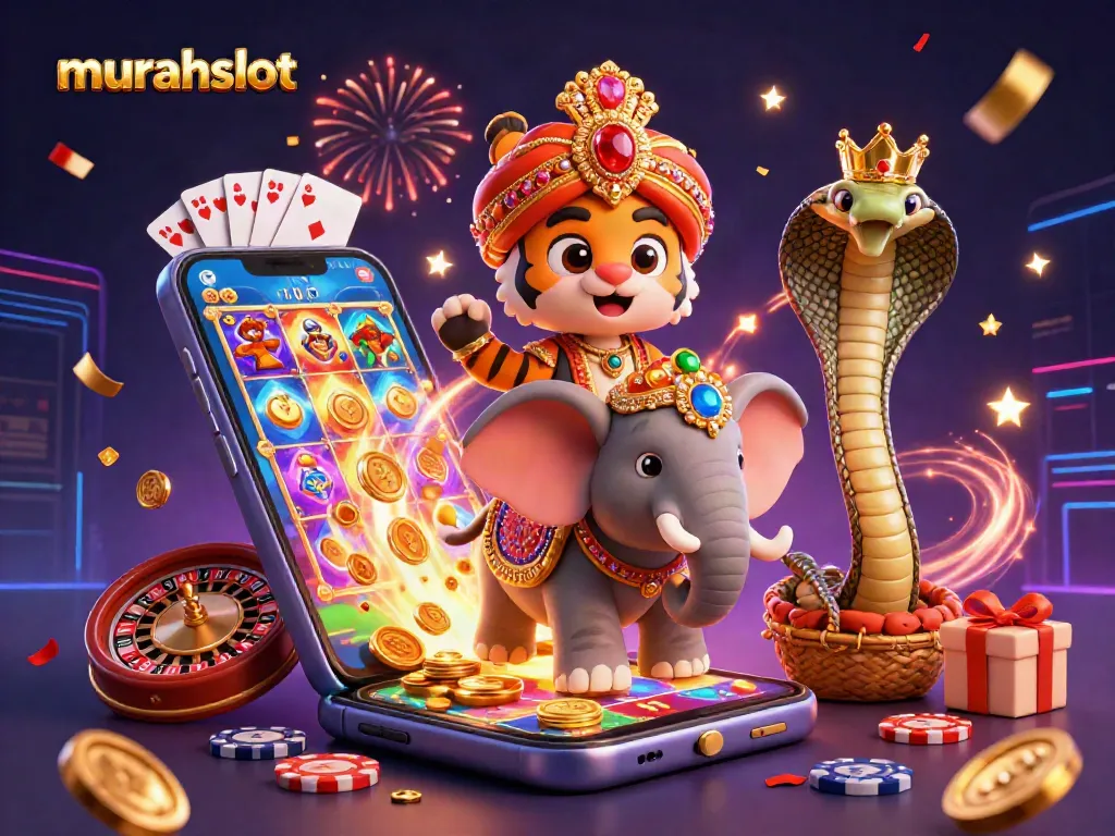 Play exciting slot games like murahslot with a vibrant 3D casino scene featuring a regal maharaja and gold coins.