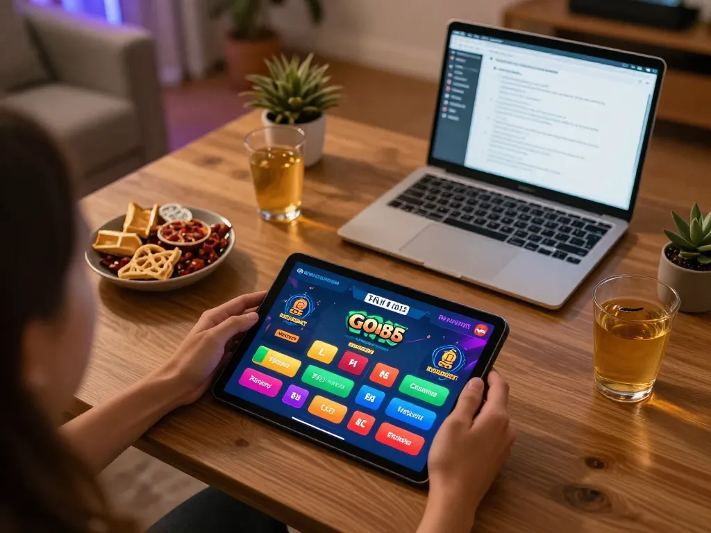 TẢI GO88 app displayed on tablet for online gaming in a cozy home setup