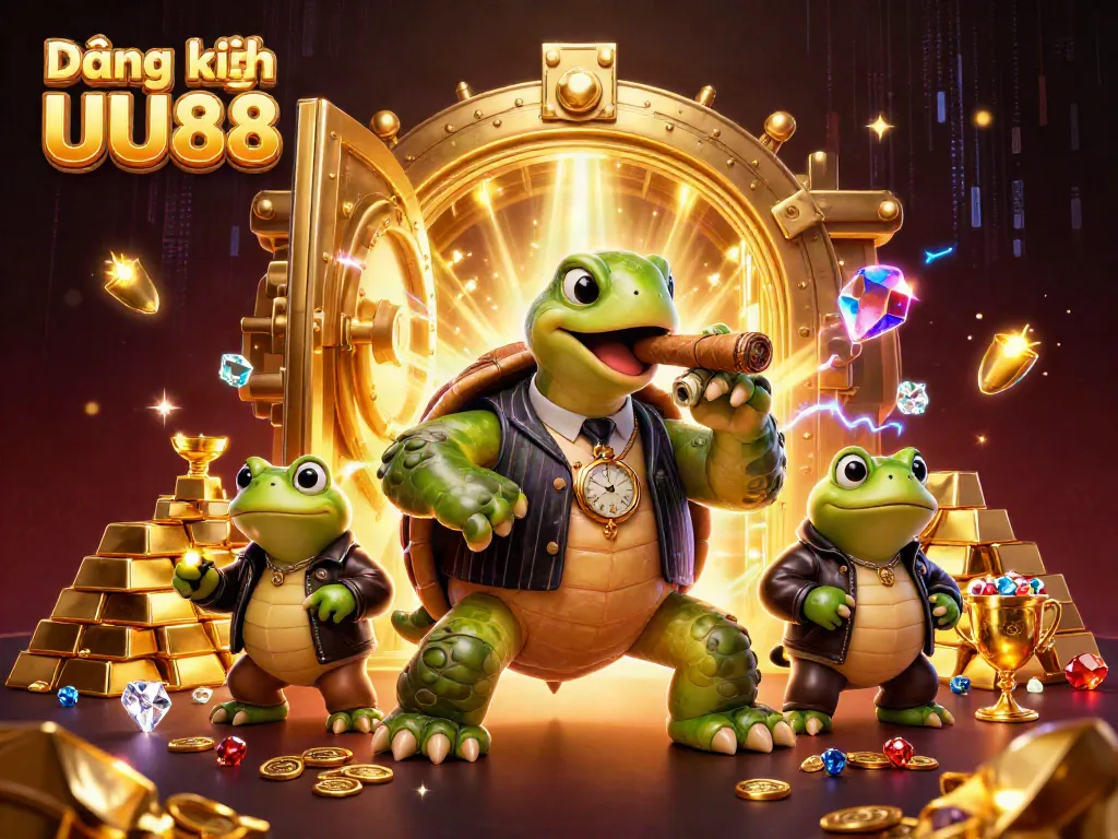 Experience thrilling adventures with Đăng ký UU88 featuring a turtle and bullfrogs amidst casino riches.