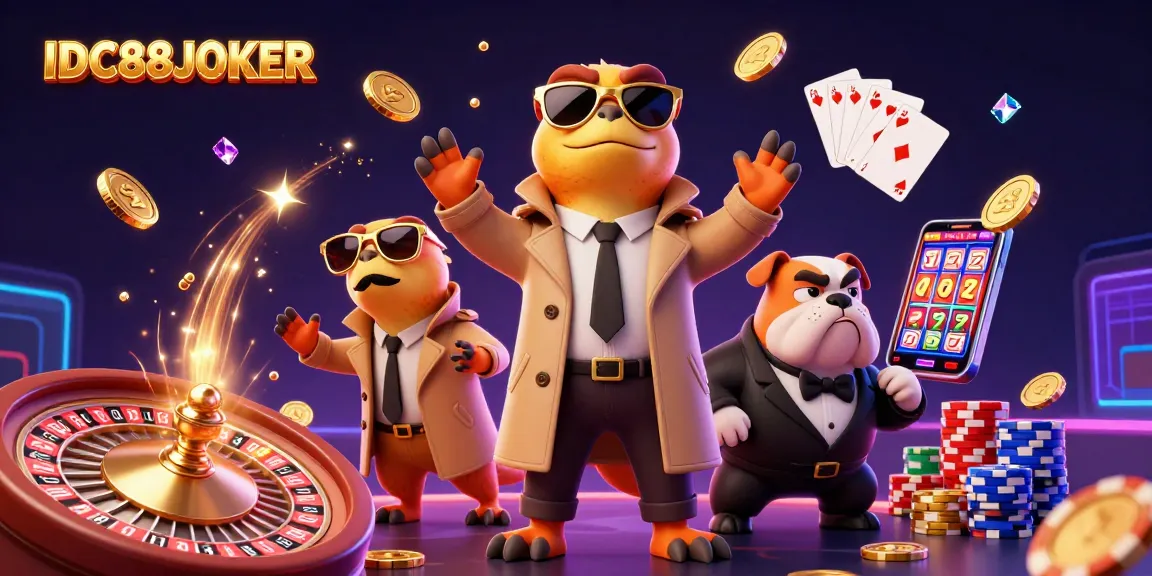 Experience winning moments with IDC88JOKER in a vibrant casino scene featuring animated characters.