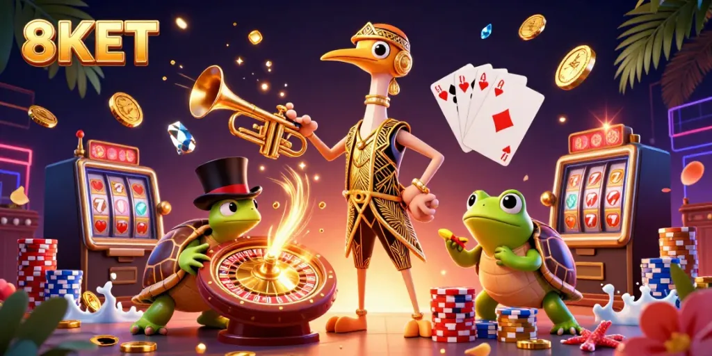 Experience 8KET with vibrant casino characters amidst cascading winnings and dynamic game elements.