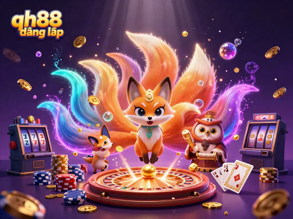 Experience the thrill of qh88 đăng nhập with vibrant characters and dazzling casino elements in a colorful scene.