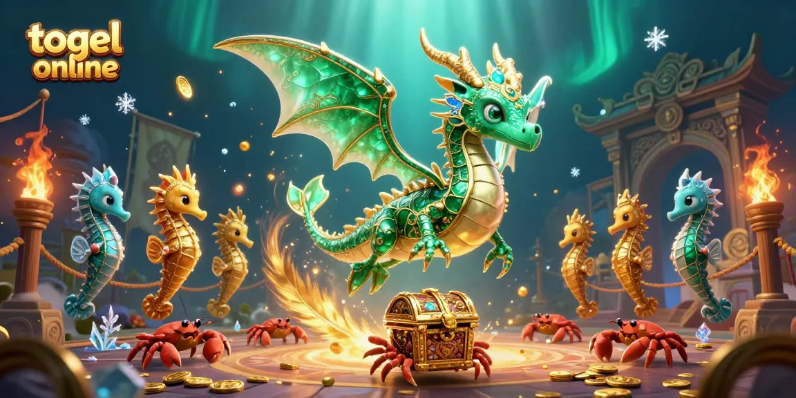 Experience togel online excitement with a dynamic sea dragon and treasure chest in this vibrant 3D illustration.