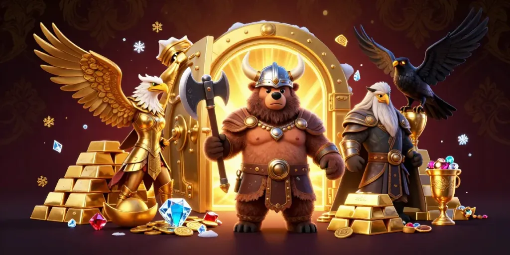 NAGAHOKI303 Viking slot adventure featuring characters with gold coins and riches, ideal for online gaming.