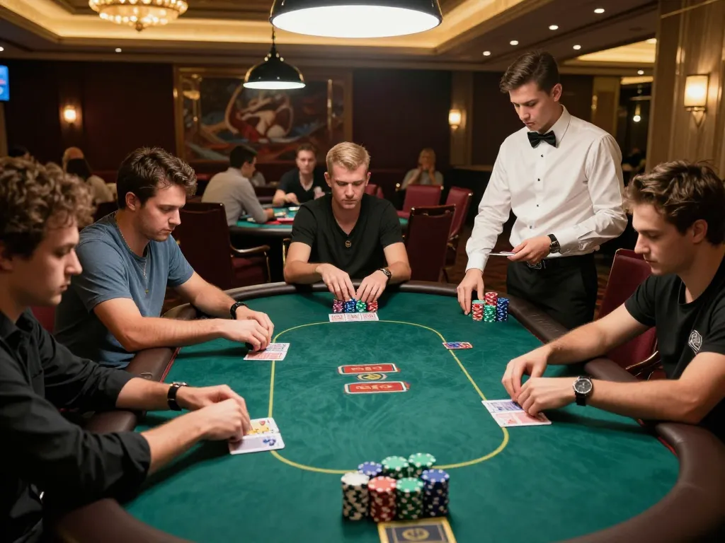 VA88 poker players strategizing at a vibrant casino table, focused and engaged in the game