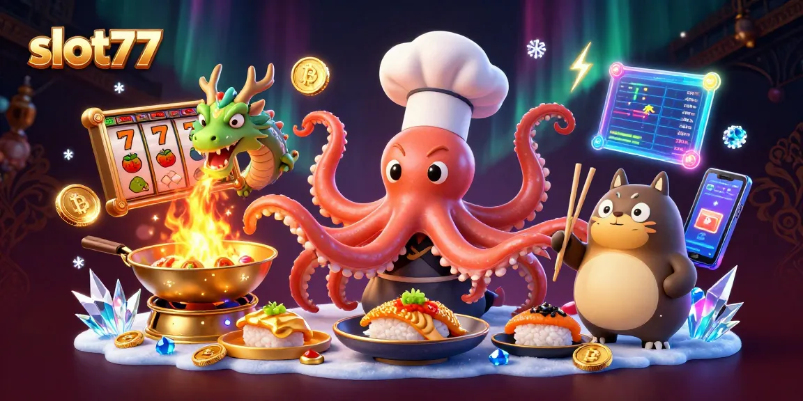 Jelajahi dunia slot77 dengan ilustrasi kehidupan kasino, menampilkan simbol mesin slot yang menarik.