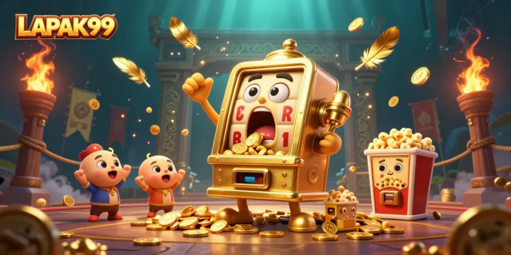 LAPAK99's golden slot machine celebrates a jackpot with coins pouring out, lively cartoon scene showcasing gambling excitement.