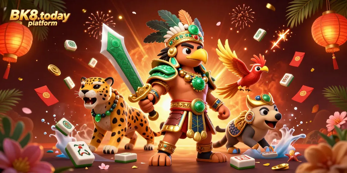 Experience the vibrant BK8.today platform with Aztec warriors, floating tiles, and festive elements in a dynamic casino scene.