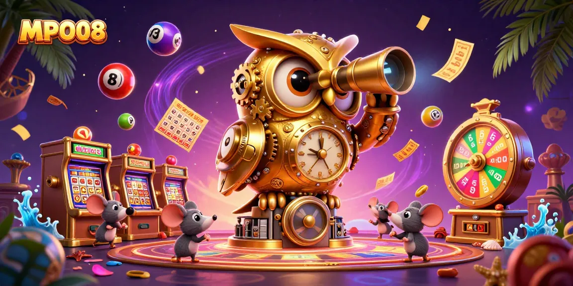 Engage with the vibrant MPO08 casino experience, featuring a golden owl and dynamic lottery elements.