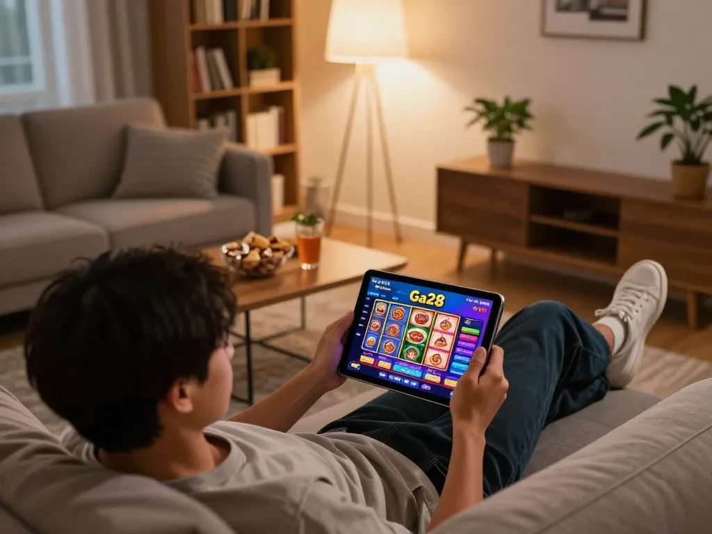 Engaging player using the nhà cái Ga28 platform on a tablet in a cozy home gaming setup.