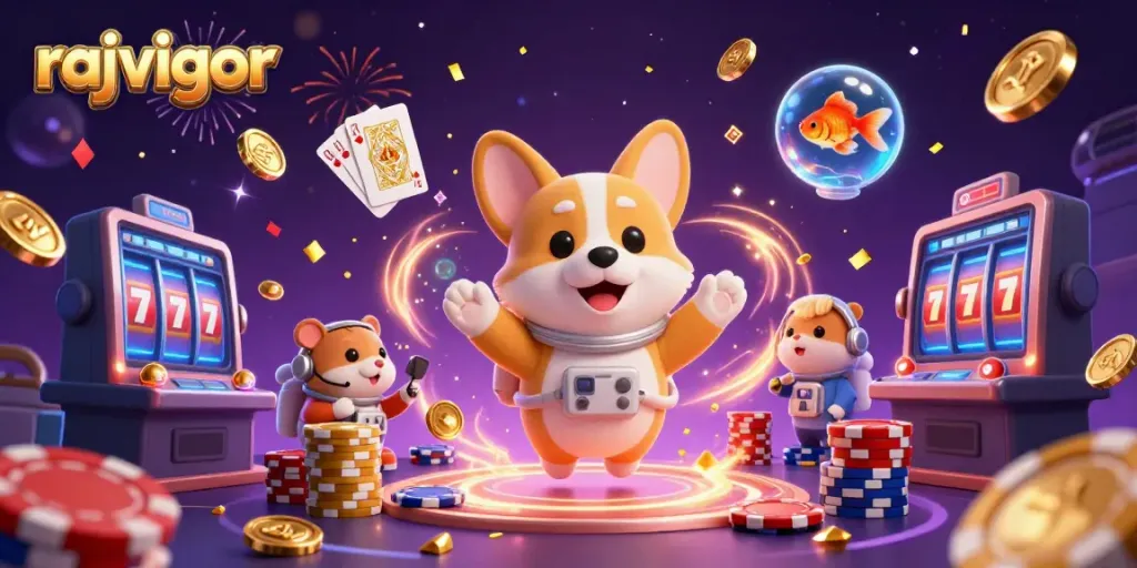 Experience rajavigor’s vibrant space casino scene with a floating corgi and magical gaming elements.