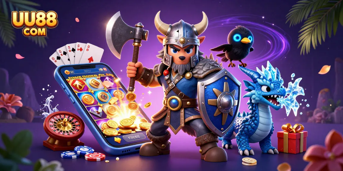 Engage with UU88 COM to enjoy thrilling slot games featuring 3D Viking warrior, dragon, and vibrant casino elements.