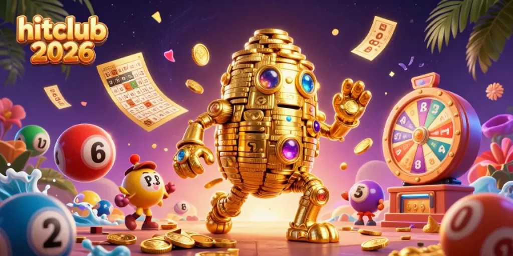 Experience hitclub 2026 with an engaging 3D illustration of golden slot elements and vibrant game dynamic features.