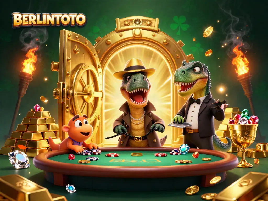 Experience the thrills of BERLINTOTO casino games with velociraptor characters and sparkling treasures.