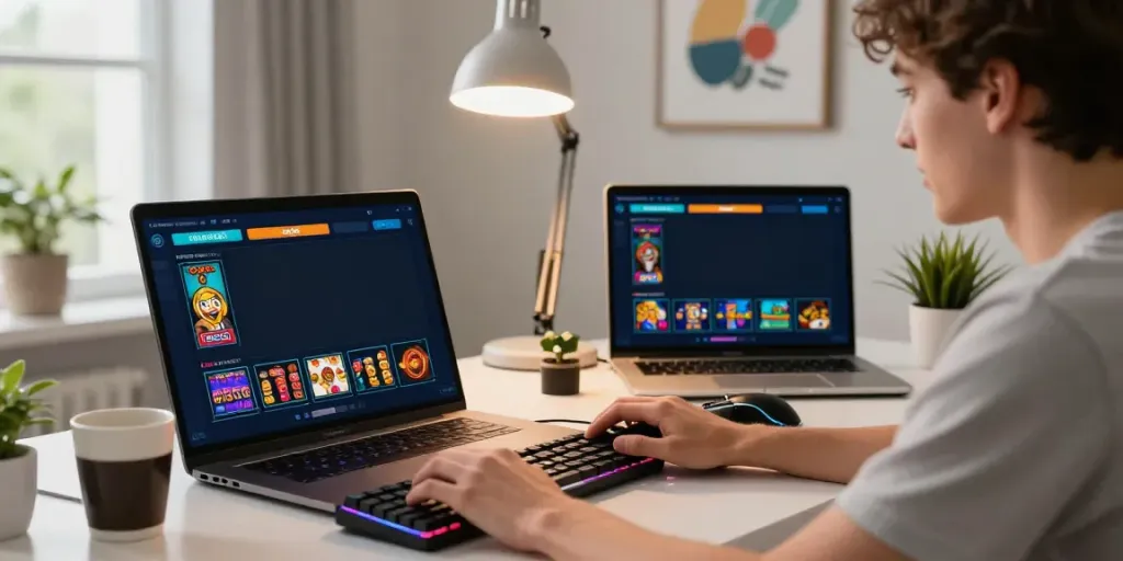 Seorang pemain totowin88 yang terlibat dalam permainan lotere online di meja kerja modern dengan grafik permainan yang berwarna-warni.