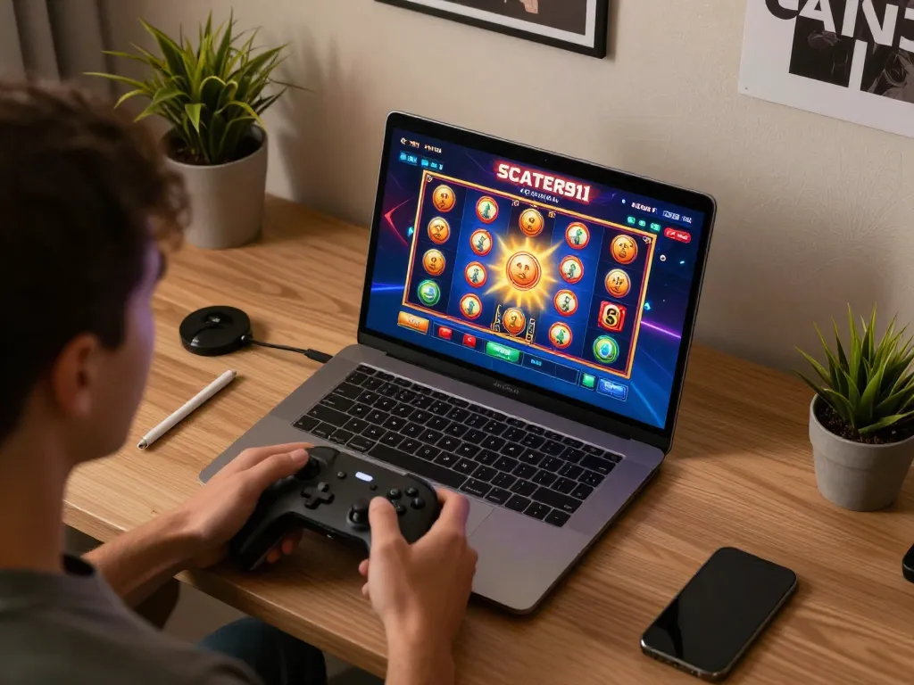 Engaging gamer enjoying SCATTER911 online slot games at a modern desk, showing vibrant gameplay.