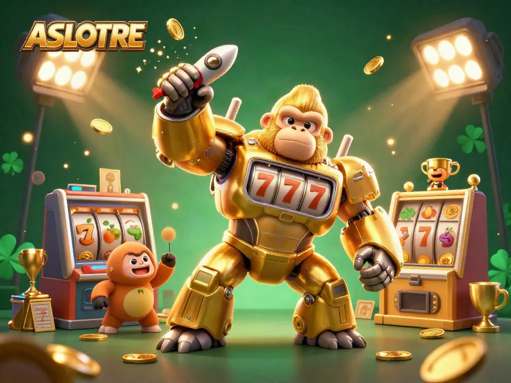 ASLOTRE menghadirkan suasana bermain slot dengan mech gorila emas dan elemen kasino yang menarik.