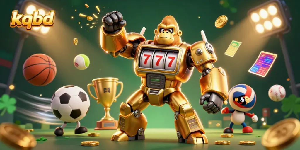 Engage with the thrilling kqbd betting scene highlighted by a dynamic gorilla mech and flying sports elements.