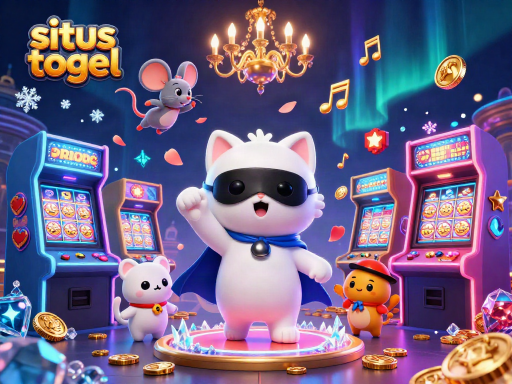 Situs togel menghadirkan suasana kasino yang meriah dengan kucing putih bergaun opera di mesin slot berkilauan.