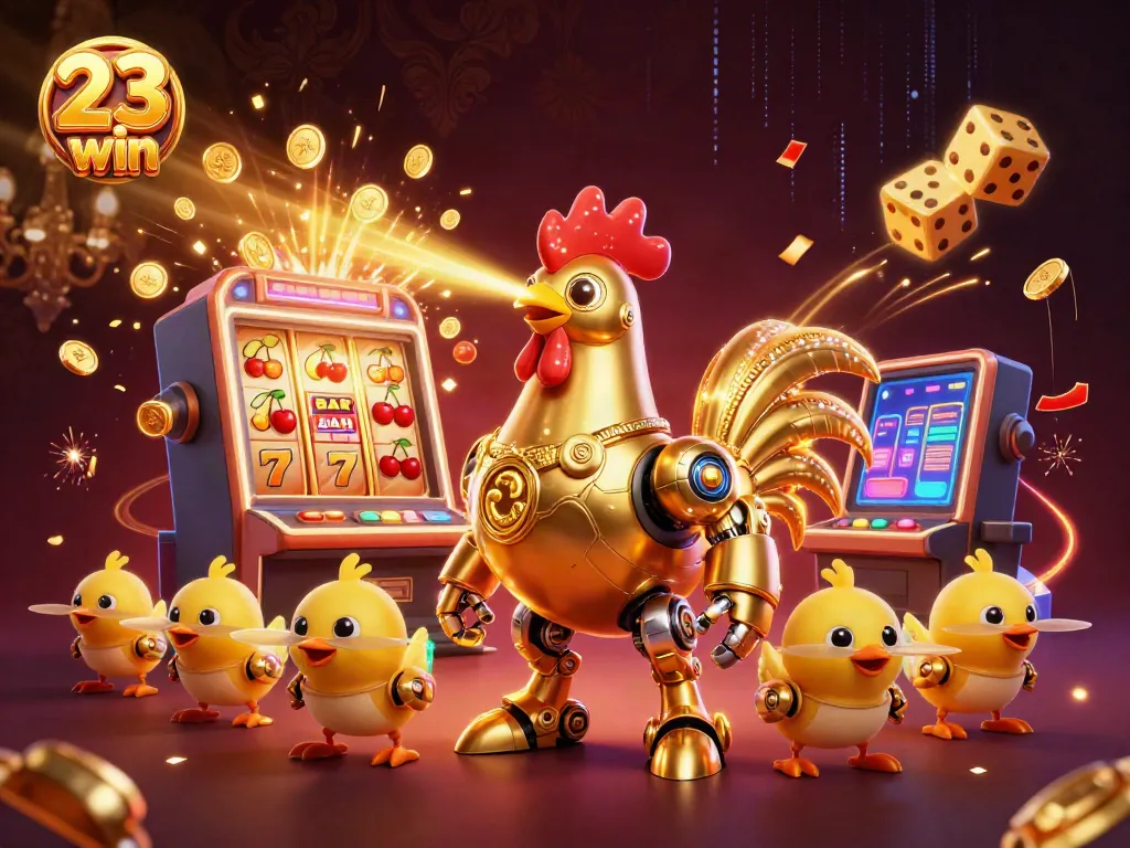 Engage with the thrill of 23 win as golden rooster robot and baby chick drones rocket through a vibrant casino scene.