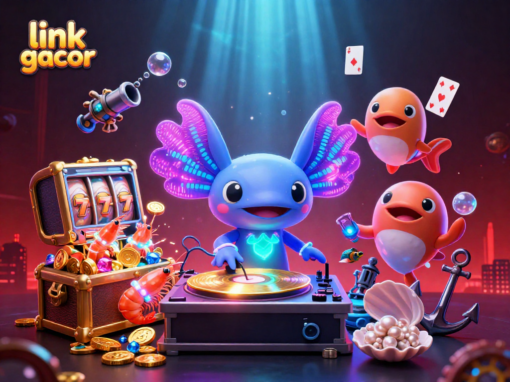 Engage with link gacor in a vibrant 3D casino scene filled with dancing sea creatures and dynamic gaming elements.