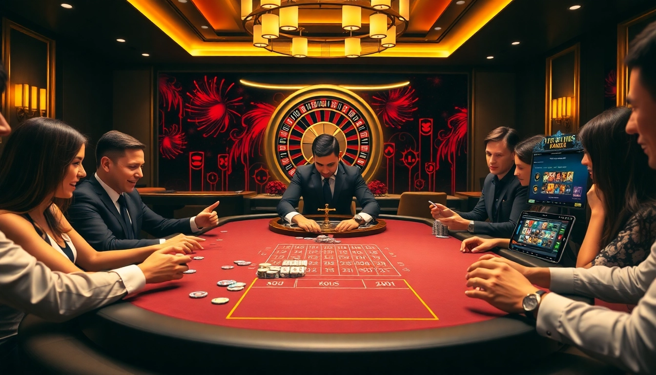 Engaging gamblers at https://na777unduh.com with a lively casino scene showcasing poker play and roulette.