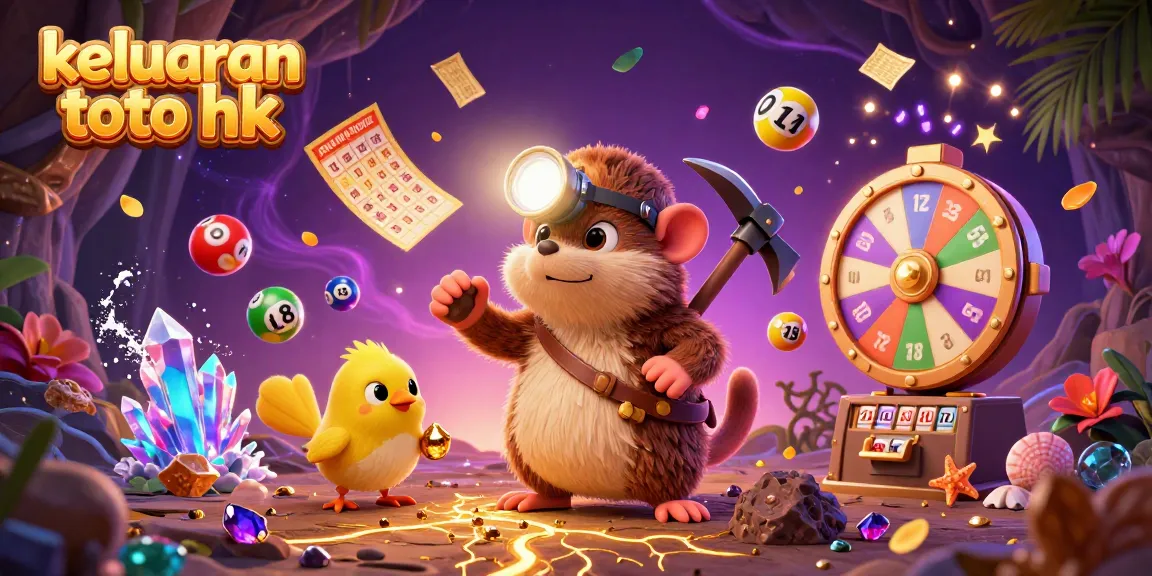 Menghadirkan keluaran toto hk, ilustrasi kartun 3D penambang mole dan canary beraksi dalam permainan lotere berwarna-warni.