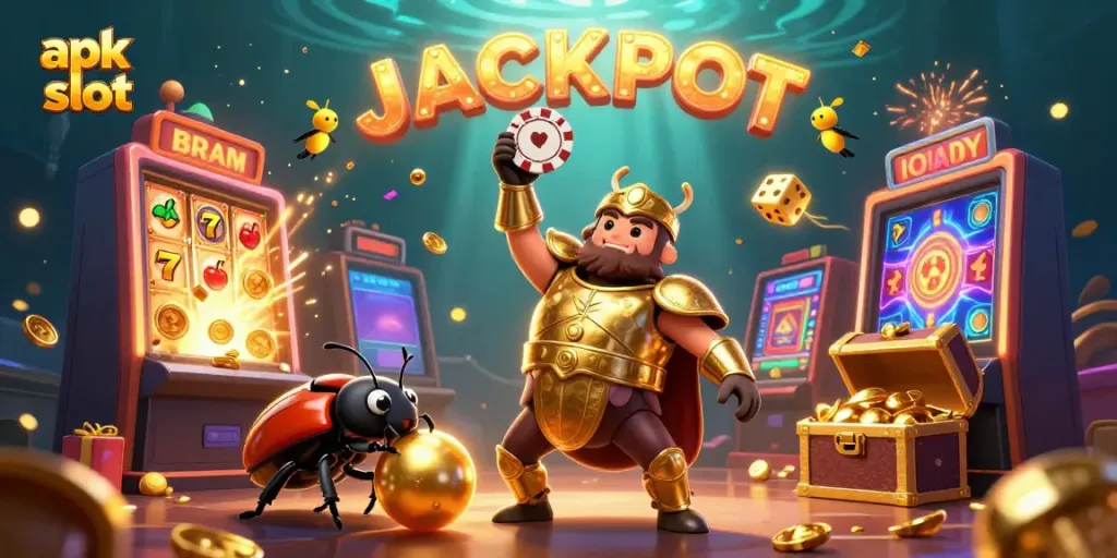 Menghadirkan apk slot, simbol keberuntungan dan jackpot dalam suasana permainan kasino yang ceria.