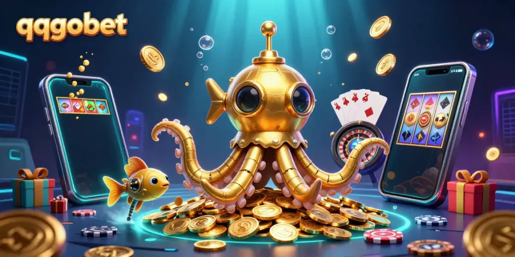 Experience the thrill of qqgobet with a vibrant 3D underwater casino scene packed with gaming elements.