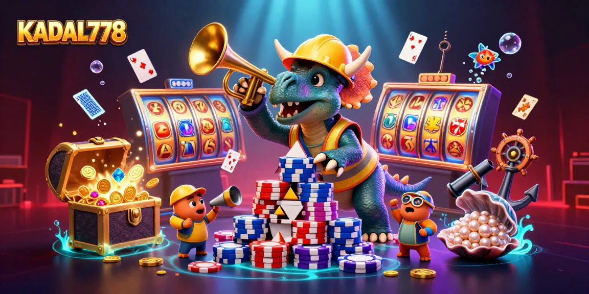 KADAL778 showcases a vibrant 3D cartoon casino scene with a triceratops building poker chips.