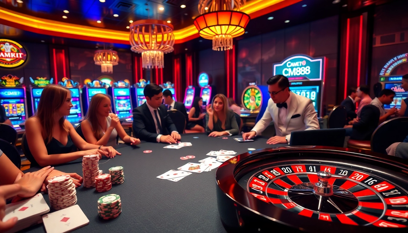Players enjoying a high-stakes poker game at CM88 casino, surrounded by luxurious slot machines and tables.