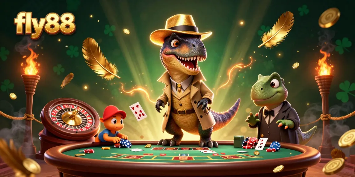 Experience thrilling blackjack action with fly88 featuring a velociraptor card counter in a casino scene.