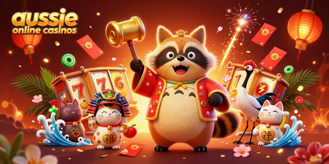 Aussie online casinos feature a cheerful tanuki and colorful maneki-neko celebrating with slot reels and lucky symbols.