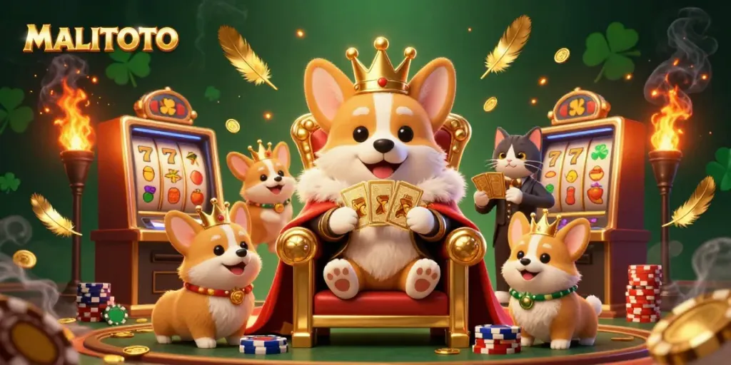 MALITOTO highlights a royal corgi on a poker chip throne, surrounded by slot machines and gaming elements.