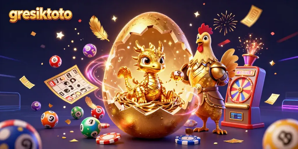 Gresiktoto menampilkan naga emas dan poker chips pada ilustrasi kasino yang meriah.