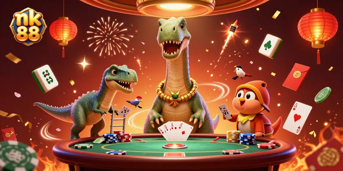 Engage with nk 88 as a brontosaurus and raptor create thrilling card magic in a vibrant casino