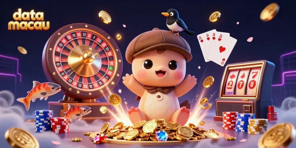 Melihat hasil cepat data macau melalui ilustrasi 3D yang dinamis dengan karakter kasino yang lucu.
