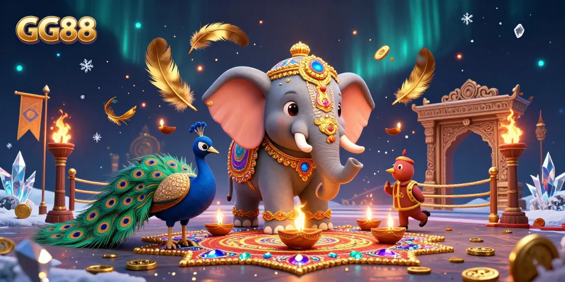 Enhance your gaming experience at GG88 by exploring vibrant casino visuals featuring a colorful elephant and peacock alongside dynamic gaming elements.
