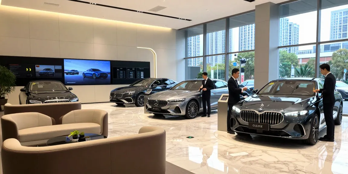 Showroom mewah dengan kendaraan LUXURY 777 dan staf yang siap membantu pelanggan.