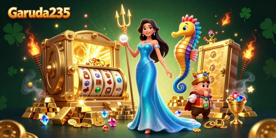 Win at Garuda235 with dynamic 3D characters and slot reels amidst sparkling treasures.