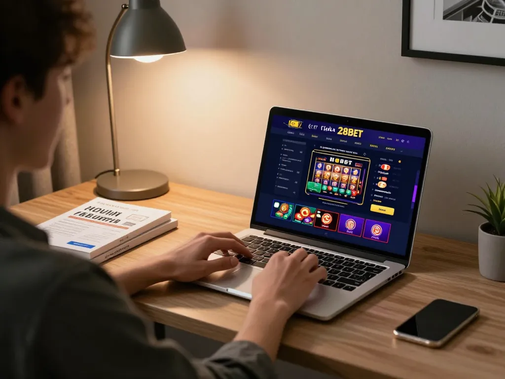 Player engaging with nhà cái 28BET online casino from a stylish home office setup
