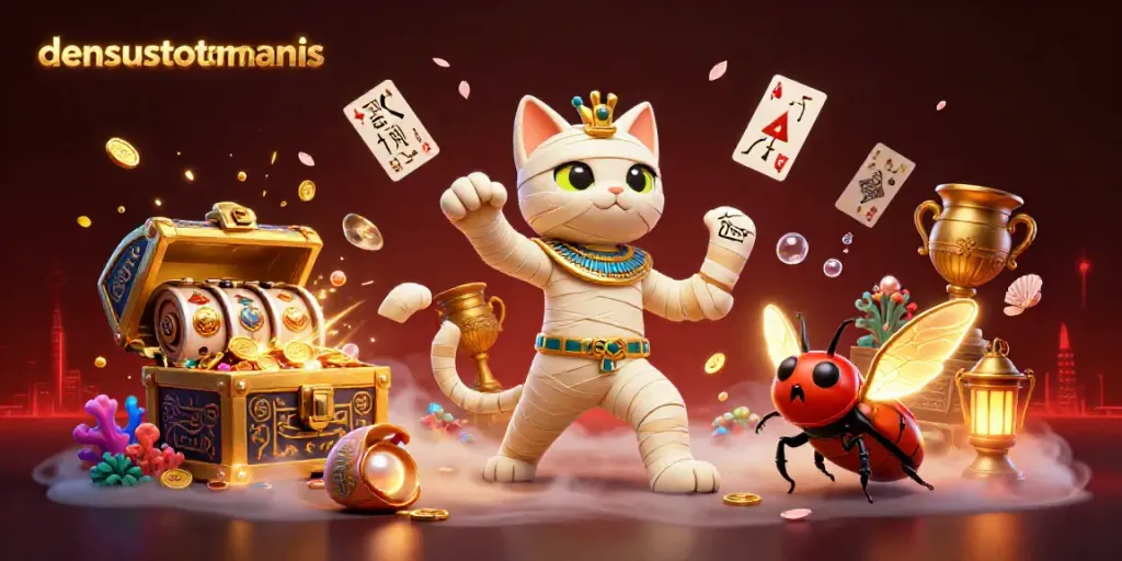 Dive into the excitement of densustotomanis as the mummy cat plays amidst swirling slot reels and glowing treasures.