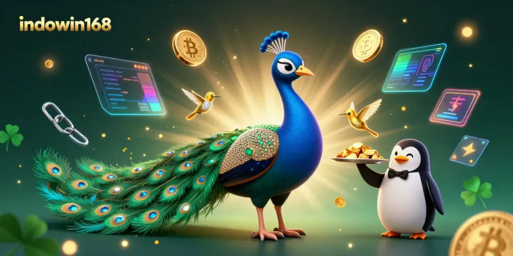 Menghadapi permainan dengan indowin168, menampilkan burung merak yang megah dan penguin pelayan menyajikan chip emas.